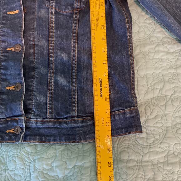 Levi Strauss Womens Button Up Jean Jacket Dark Wash Large Adjustable Waist - Picture 12 of 14